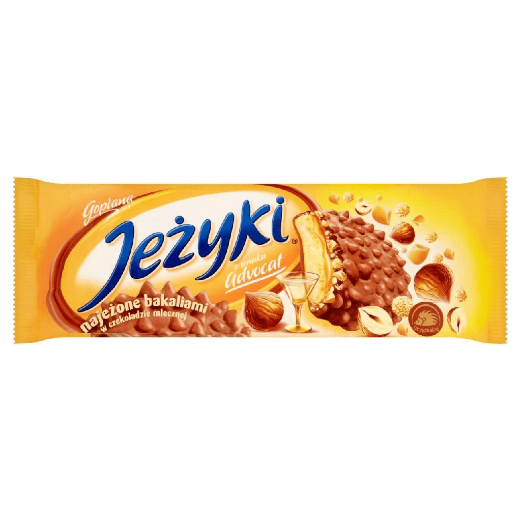 Teegebak "Jezyki Advocat" met 38% karamelcoating met eierlikeursmaak, graancrisps en hazelnoten, in melkchocolade. Chocolade bevat naast cacaoboter ook andere plantaardige vetten.