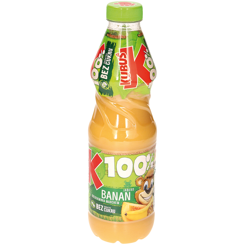 Appel-banaan-perzik-wortel fruit-groente-sap, gedeeltelijk uit fruitsapconcentraat. Verrijkt met vitamine C. Gepasteuriseerd.