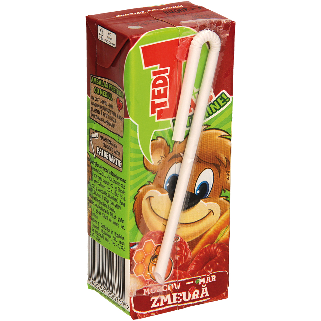 Aromatiseerde verfrissende drank met wortel-, appel- en frambozenpuree, verrijkt met vitamine C. Gepasteuriseerd