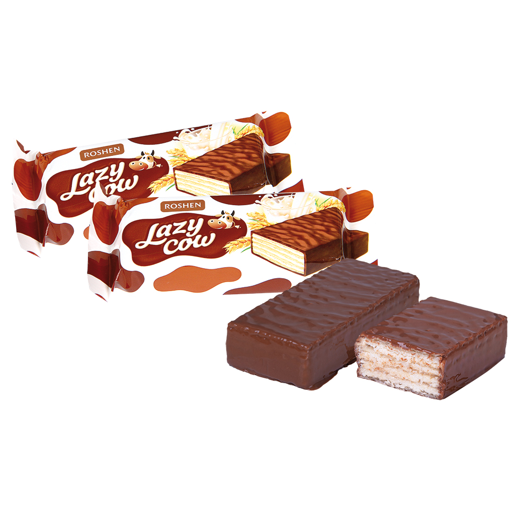"Lazy Cow" Wafelconfect met melkvulling (55%) omhuld met cacaohoudende vetglazuur (30%)