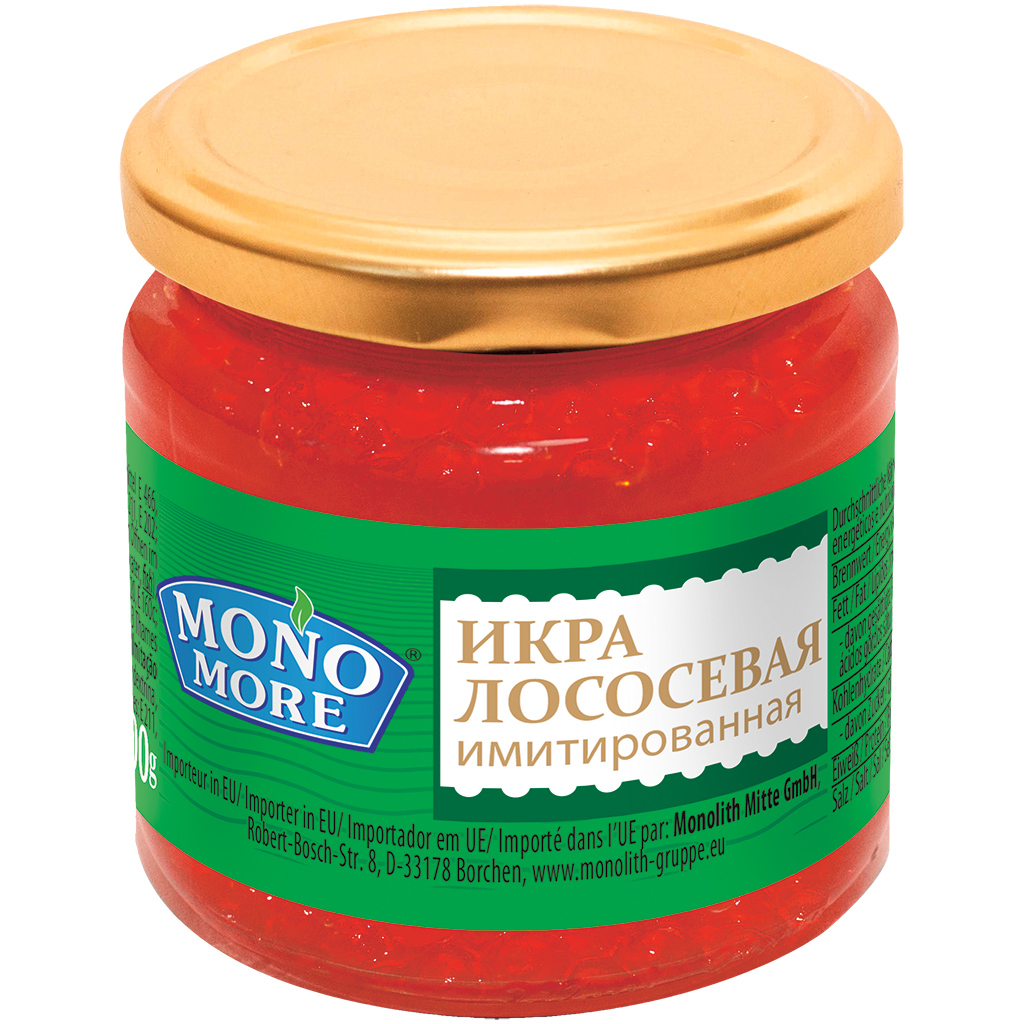 "MONO MORE" Laxkaviar-imitaat van visbouillon en alginaatomh