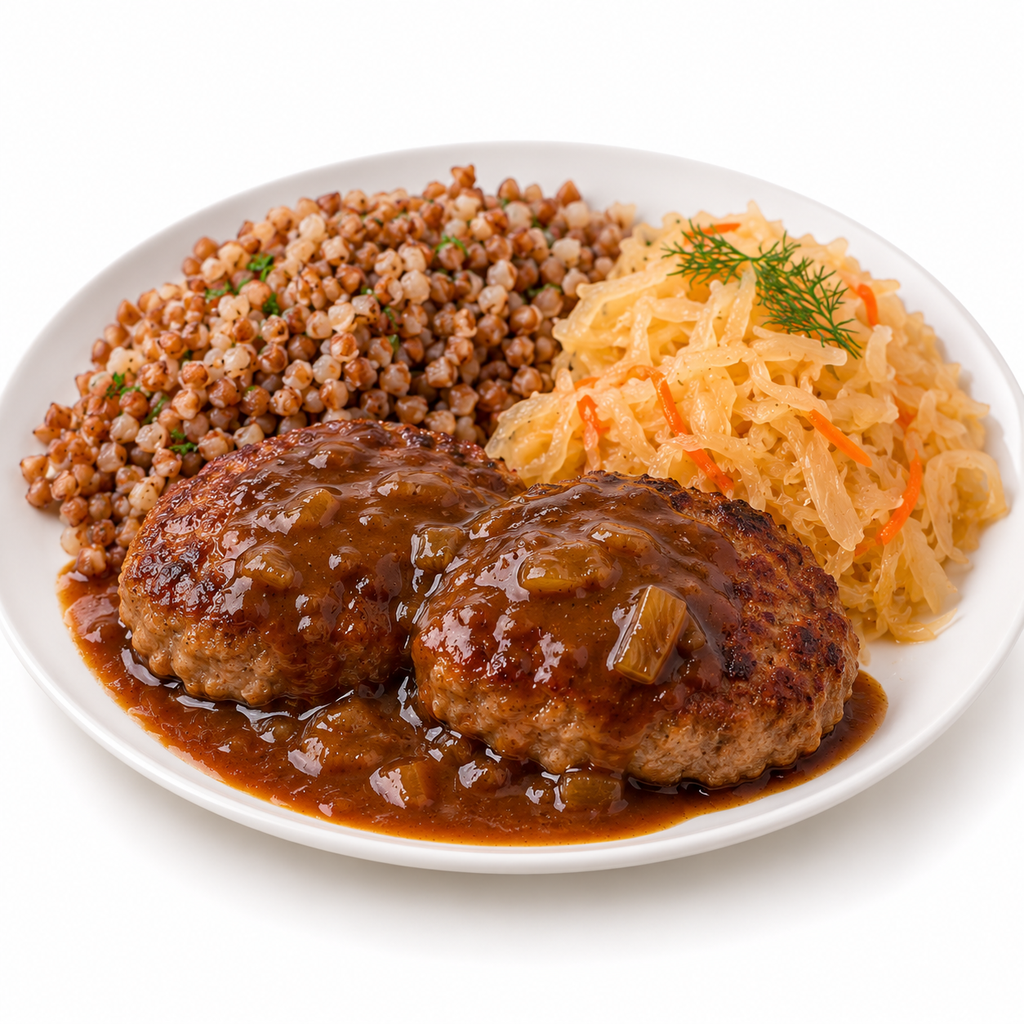 KOTLETI MET BOEKWEIT, DONKERE SAUS EN ZUURKOOL