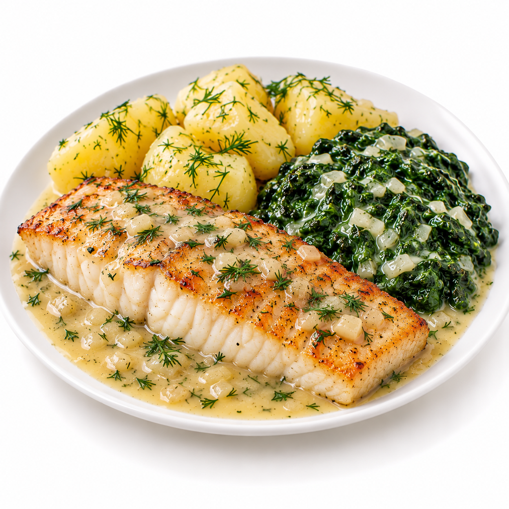 HEILBOTFILET MET AARDAPPEL EN SPINAZIE MET VISSAUS
