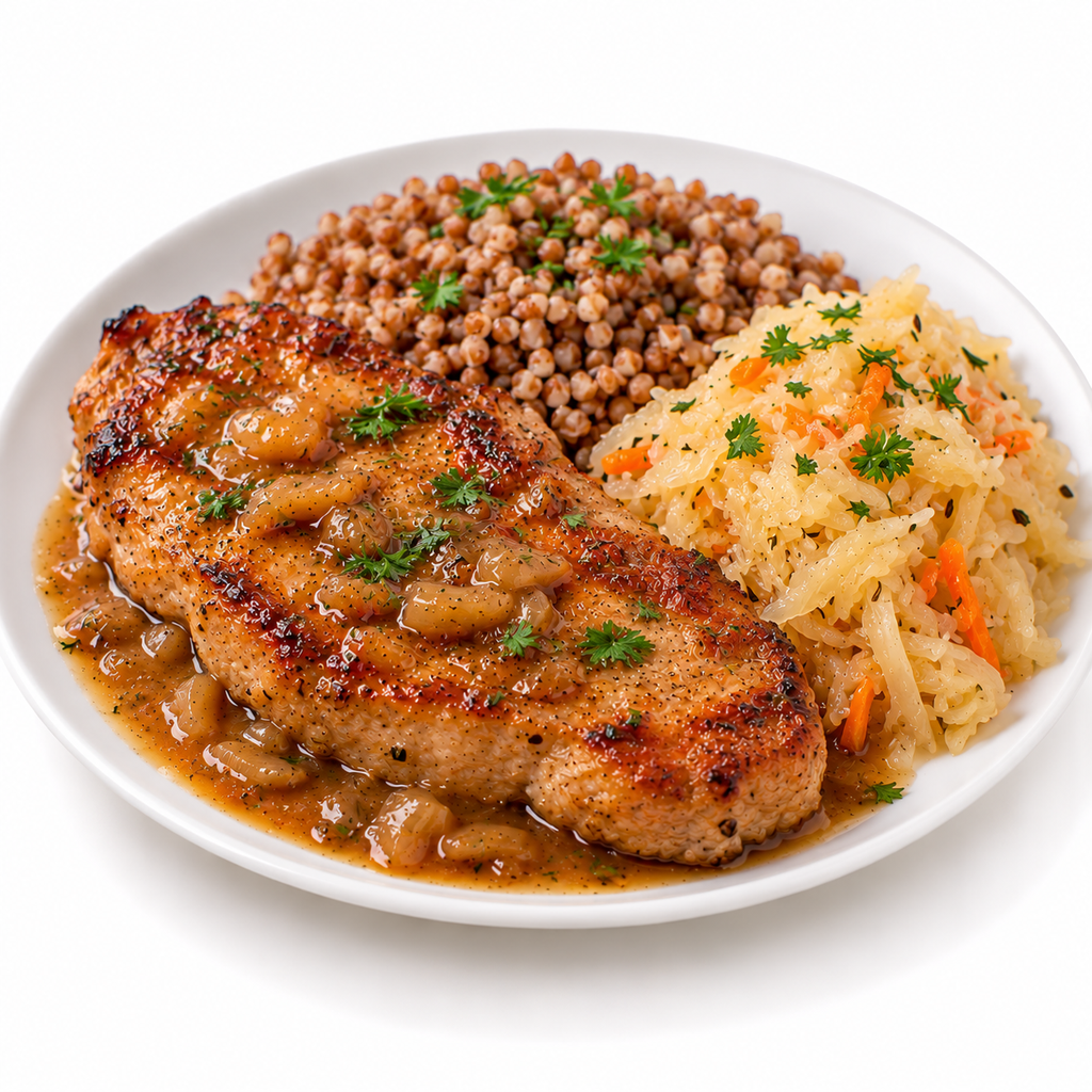 Varkenssteak met boekweit en zuurkool