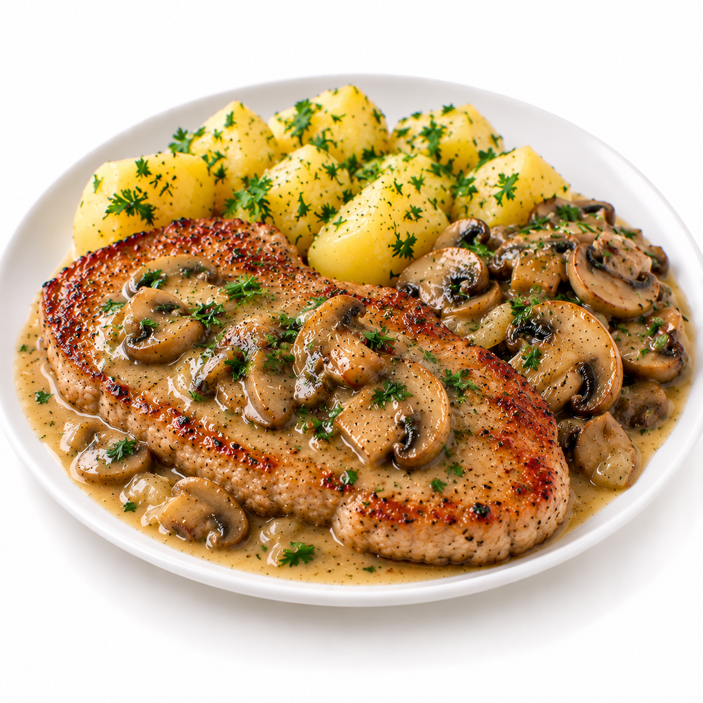 Varkenssteak met aardappel en champignons