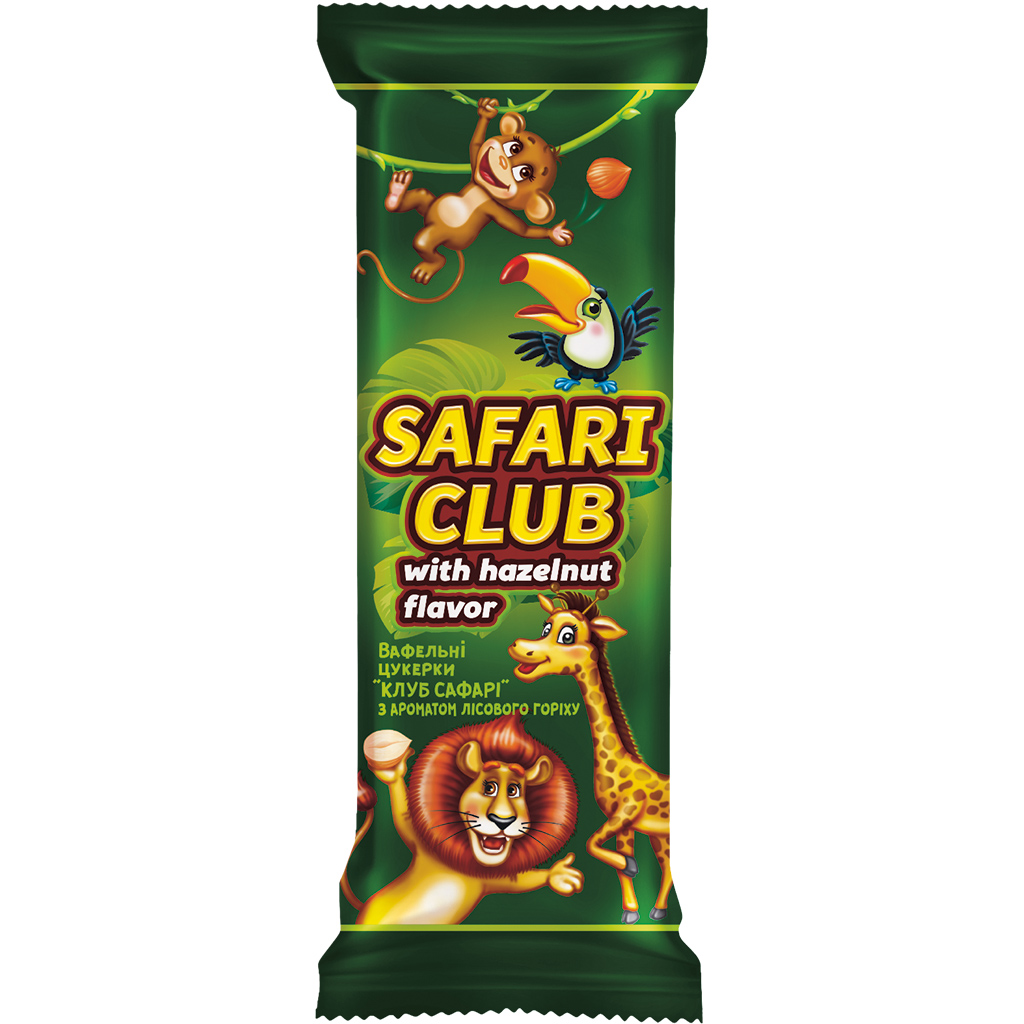 Gevulde wafelreep "Club Safari" met hazelnootsmaak, in cacao