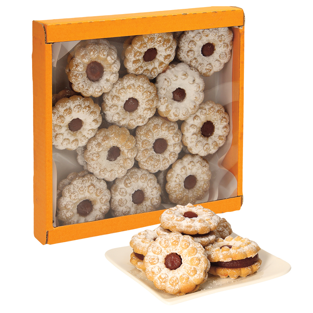 Aardbeienkronen Doppelkeksen met fruitvulling met aardbeismaak, versierd met poedersuiker.
