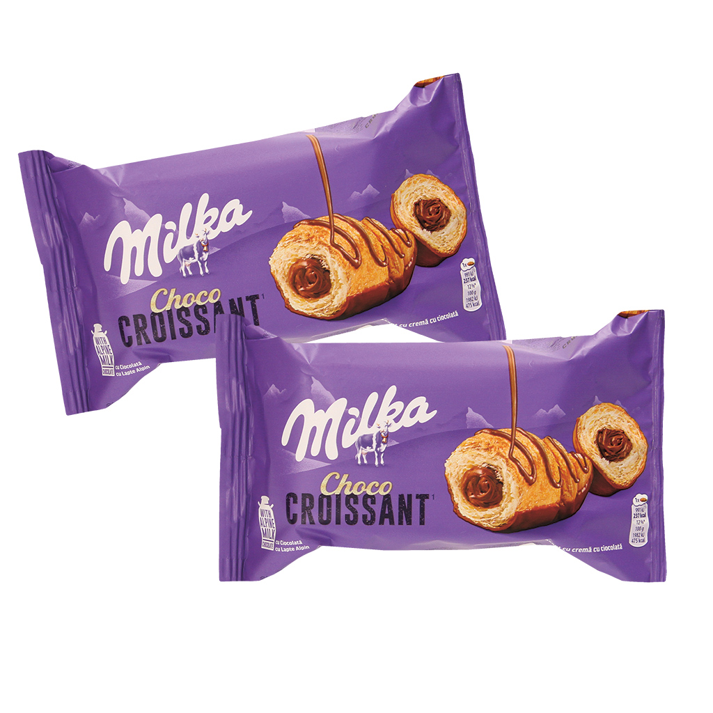 Croissant - Deegwaren met 30% roomvulling met chocoladesmaak en Alpenmelkchocolade 2%, gedeeltelijk bedekt met glazuur 18% en versierd 4% met Alpenmelkchocolade.