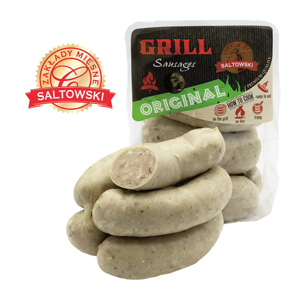 Brühworstjes van varkensvlees "Origineel" naar de stijl van een grillworst, middelgrote korrel, met varkens- en rundvleesaroma, in natuurlijke darm.