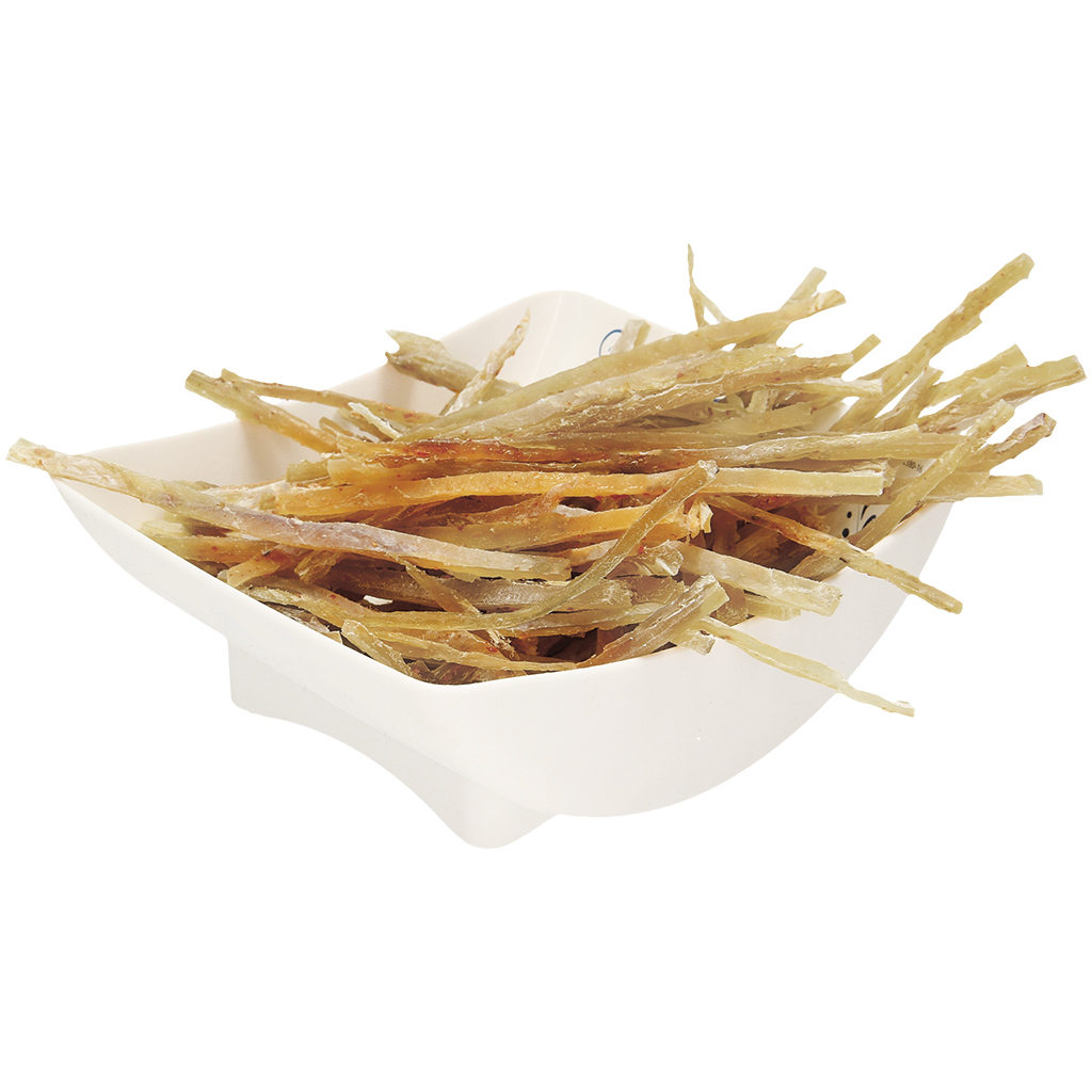 Snack van Blauwe Wittling (Micromesistius poutassou) in reepjes met huid, gezouten en gedroogd, ontdooid