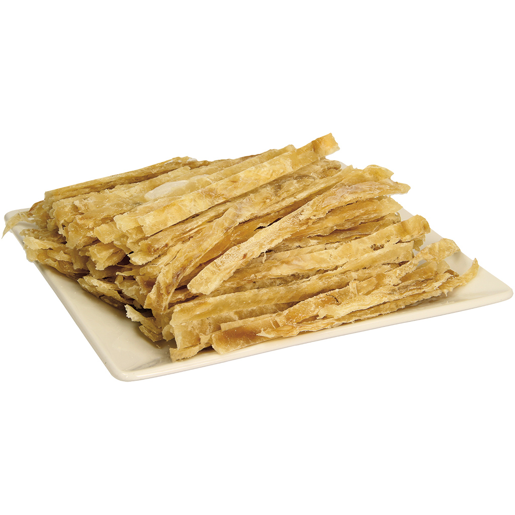 Snack van Alaska-pollak (Gadus chalcogrammus), in dikke reepjes, gezouten en gedroogd, los, ontdooid