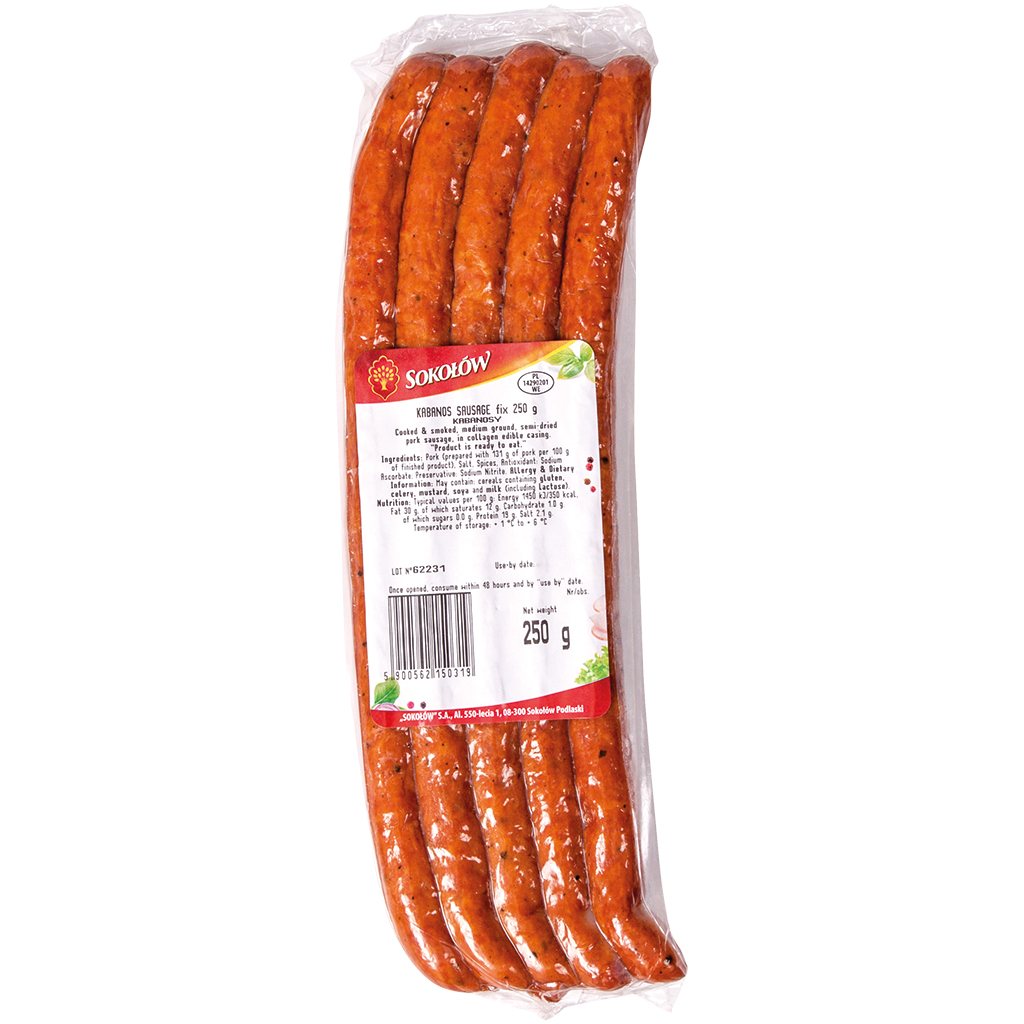 Cabanossi van varkensvlees. Gekookte worst, gerookt, middelgrof gemalen, gedroogd.