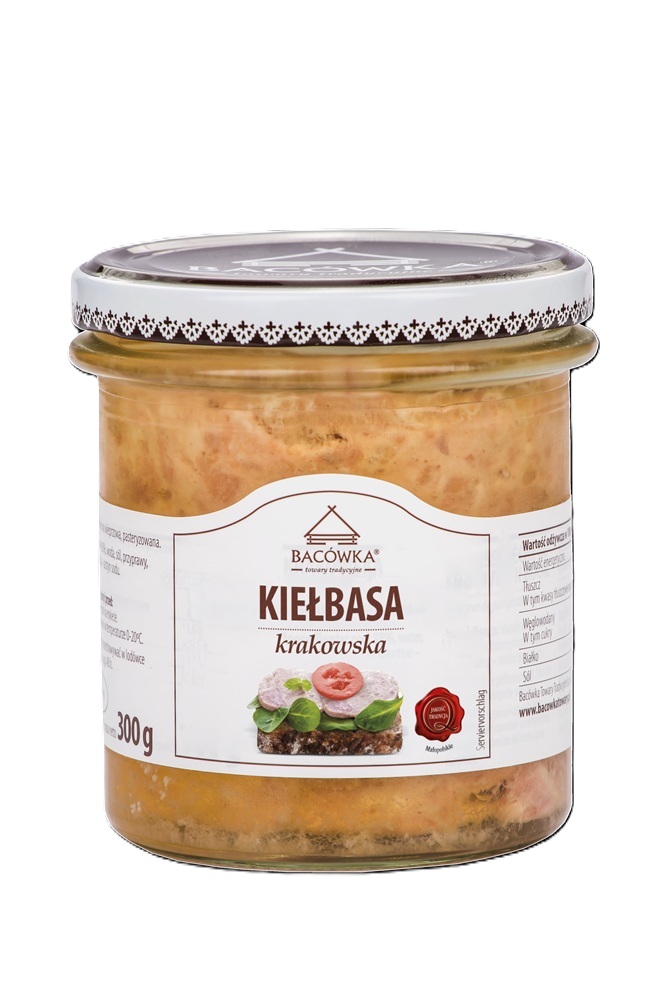 "Krakauworst" Wurstconserven van varkensvlees, middelgrof gehakt, gezouten, gesteriliseerd.