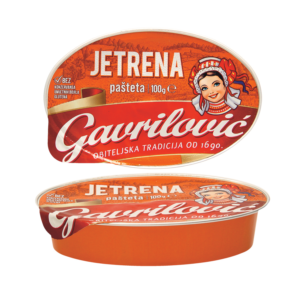 Jetrena paté, smeersel met varkenslever met toevoeging van melkeiwit. Gesteriliseerde conserven.