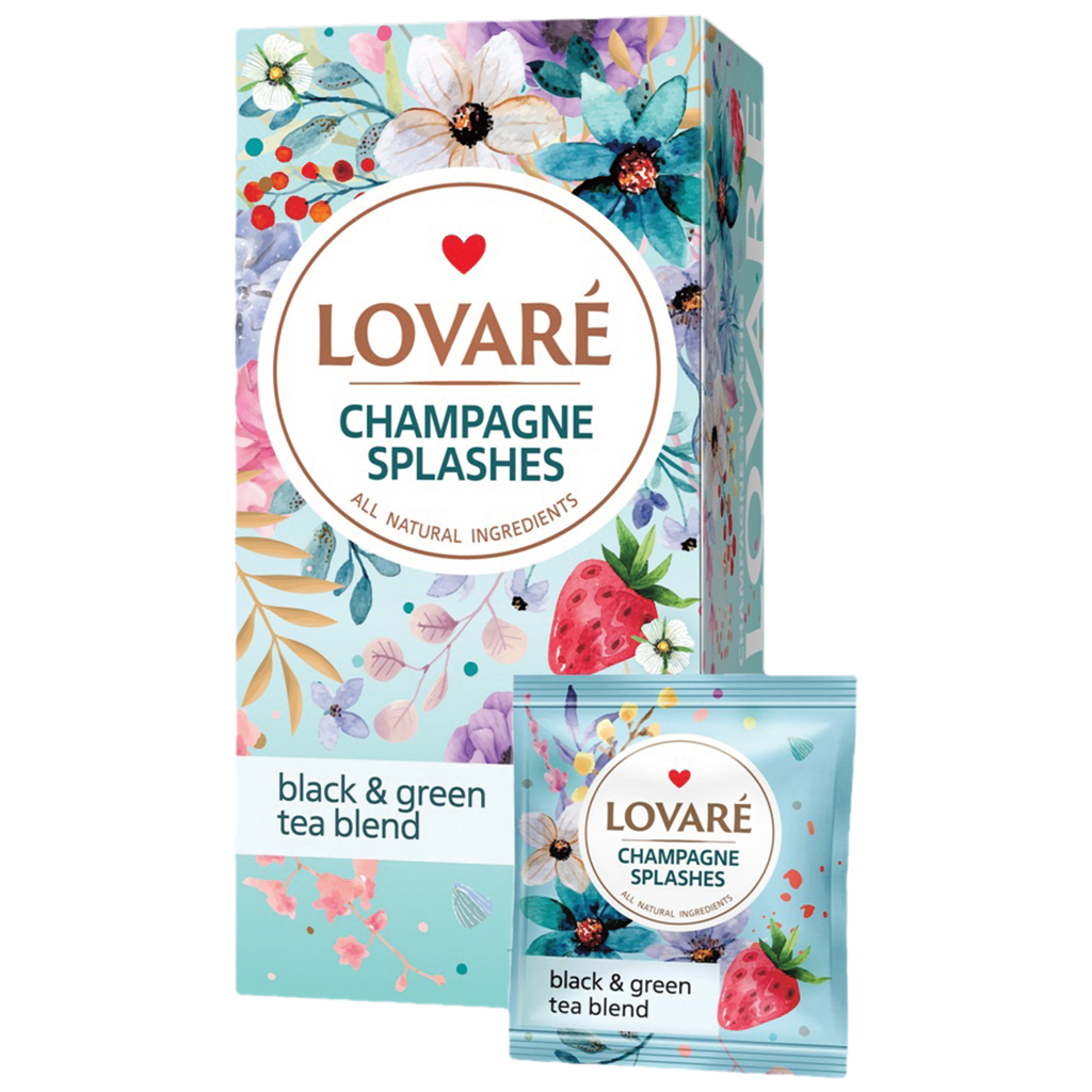 "Lovare-Splashes" - Geparfumeerde theemix met aardbeiensmaak, in zakjes.
