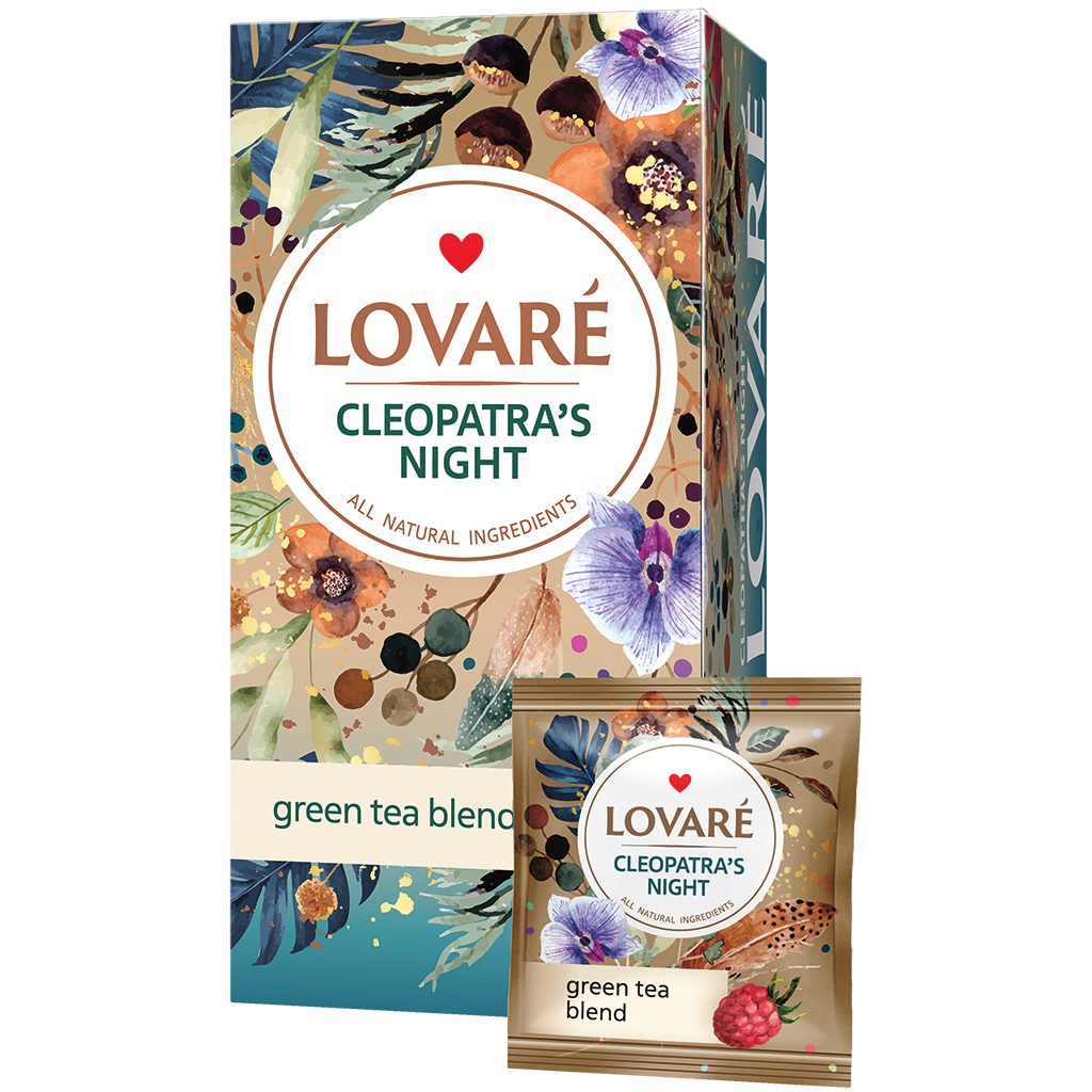 "Lovare-Cleopatra's Nacht" - Geparfumeerde Groene Thee met Fruit en Bloemblaadjes met Frambozensmaak, in zakjes.