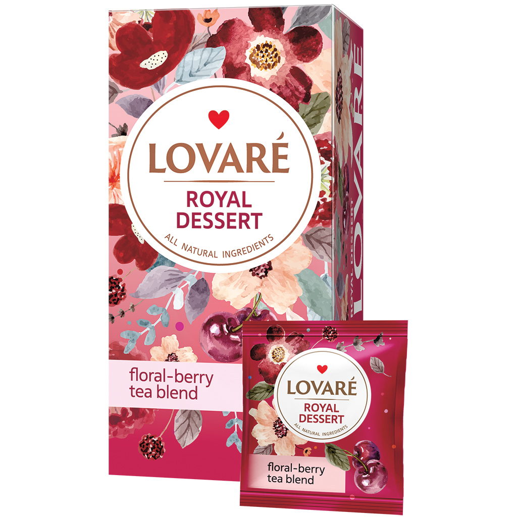"Lovare-Royal Dessert" - mengsel van hibiscusthee, vruchten en bloemblaadjes met kersensmaak en zwartebessensmaak, in zakjes.
