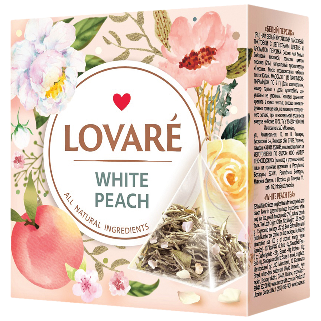"Lovare White Peach" - ароматизированный белый чай со вкусом персика, в пакетиках-пирамидках