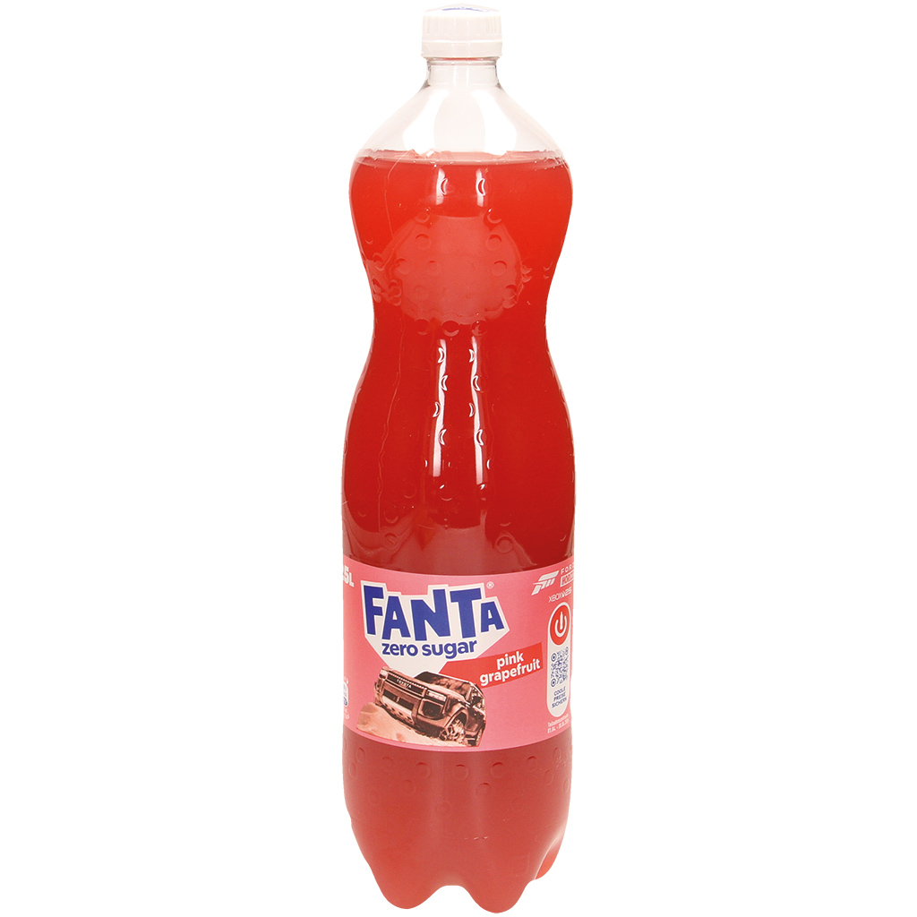 Fanta zonder suiker Pink Grapefruit, caloriearm verfrissend drankje met grapefruitsmaak, met zoetstoffen.