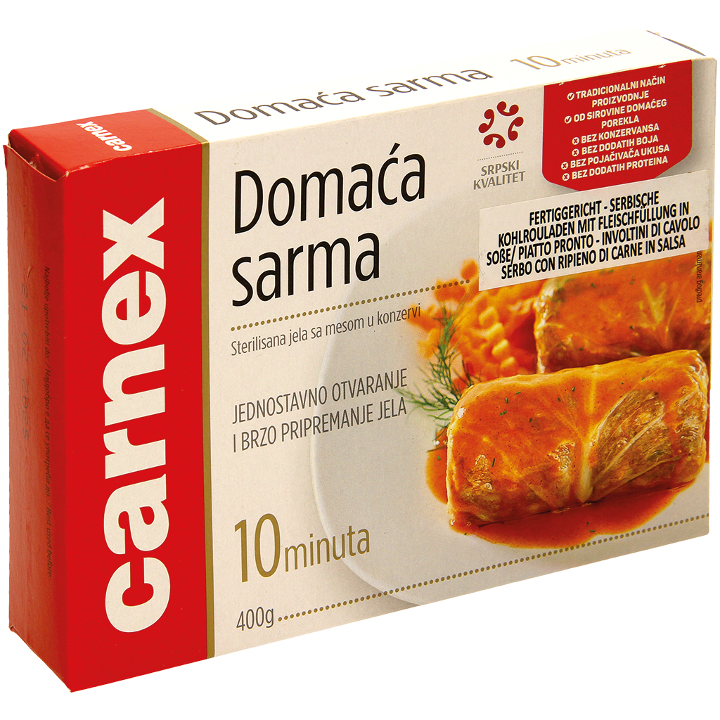Koolrolletjes met varkensvleesvulling in saus naar Servische stijl, gesteriliseerd