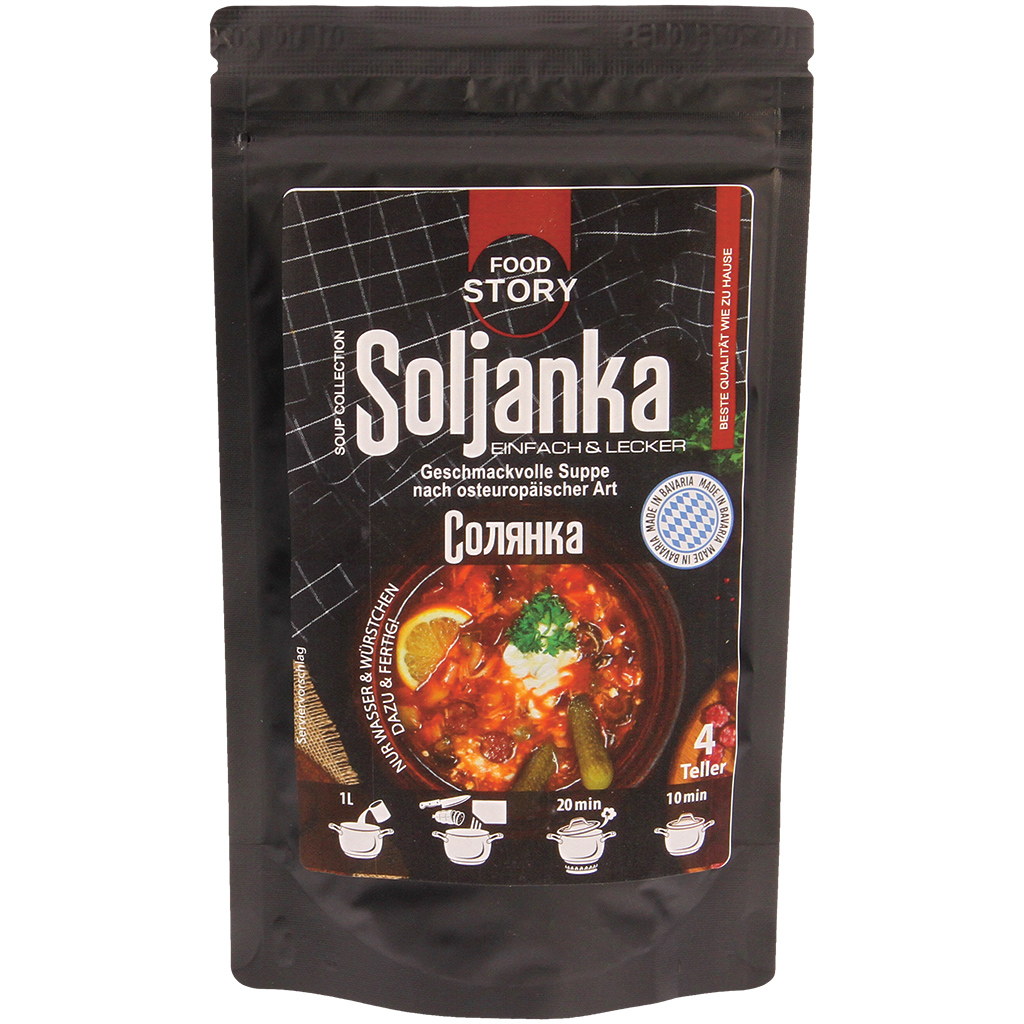 Soepmix "Soljanka" naar Oost-Europese stijl met kipvlees, olijven en komkommers