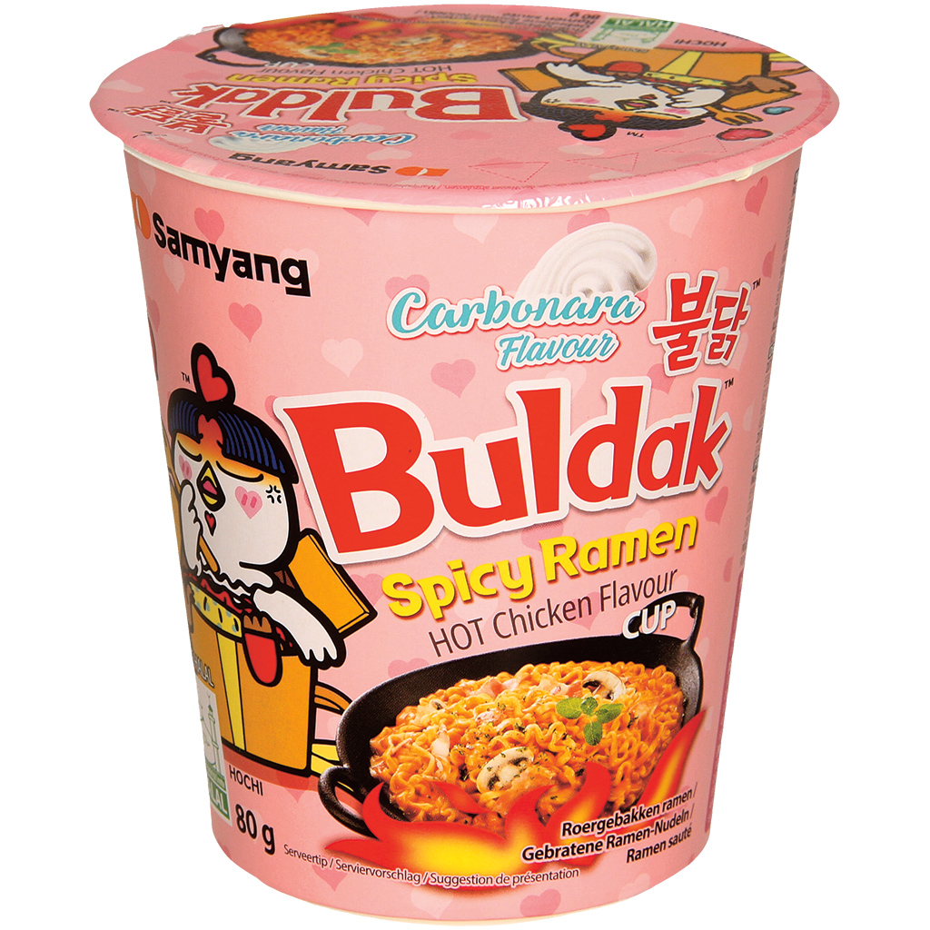 Ramen met hete kip- en carbonara-smaak met suikers en zoetstoffen