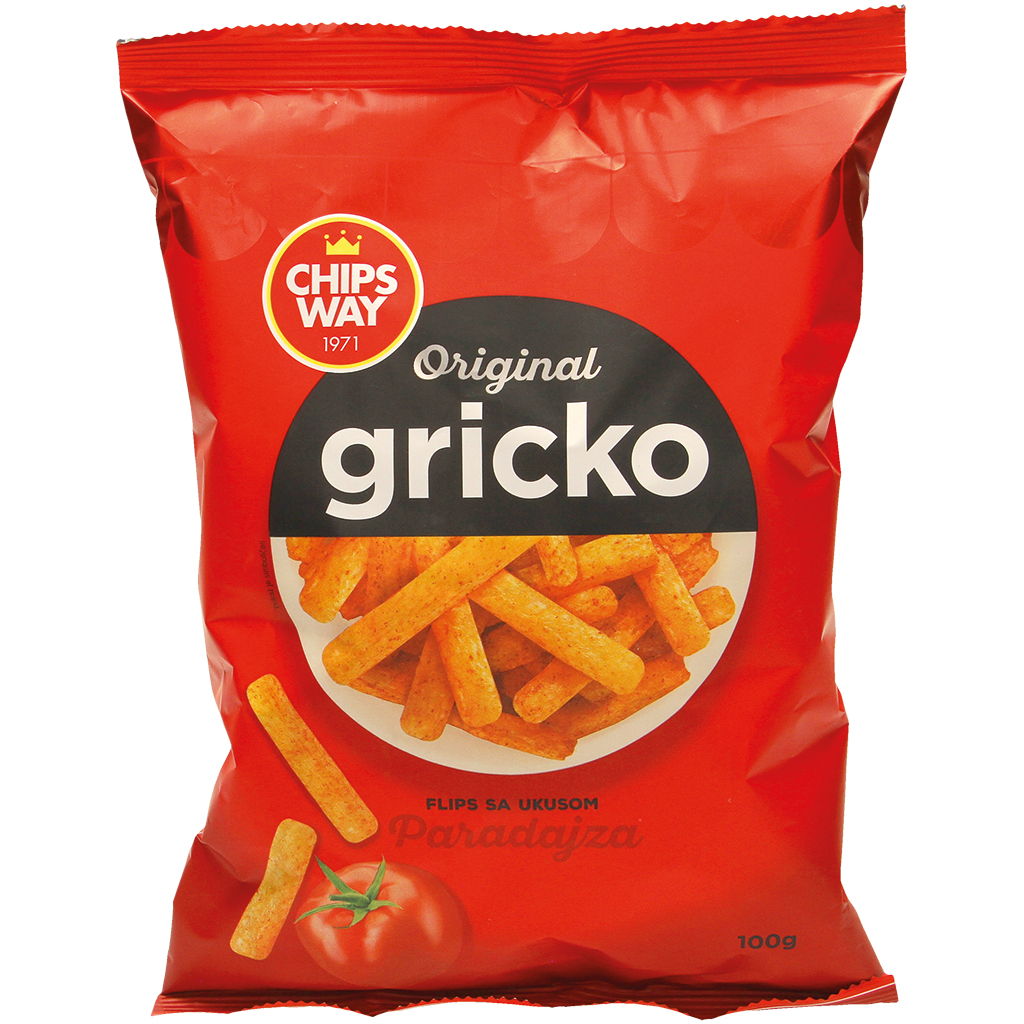 "GRICKO"-Maïs snackproduct met tomatensmaak