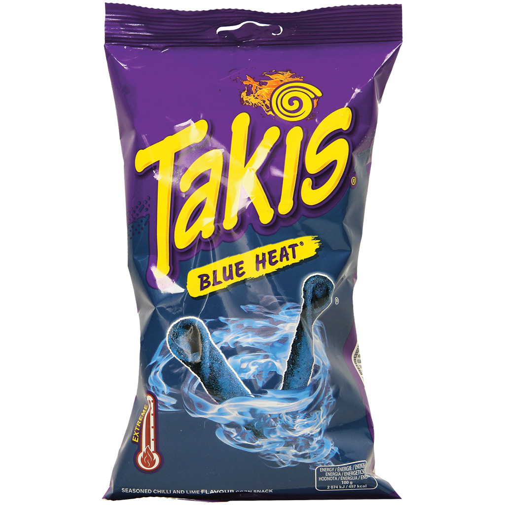Takis Maïschips Blue Heat, gefrituurde, gerolde chips op maïsbasis met chili-limoensmaak