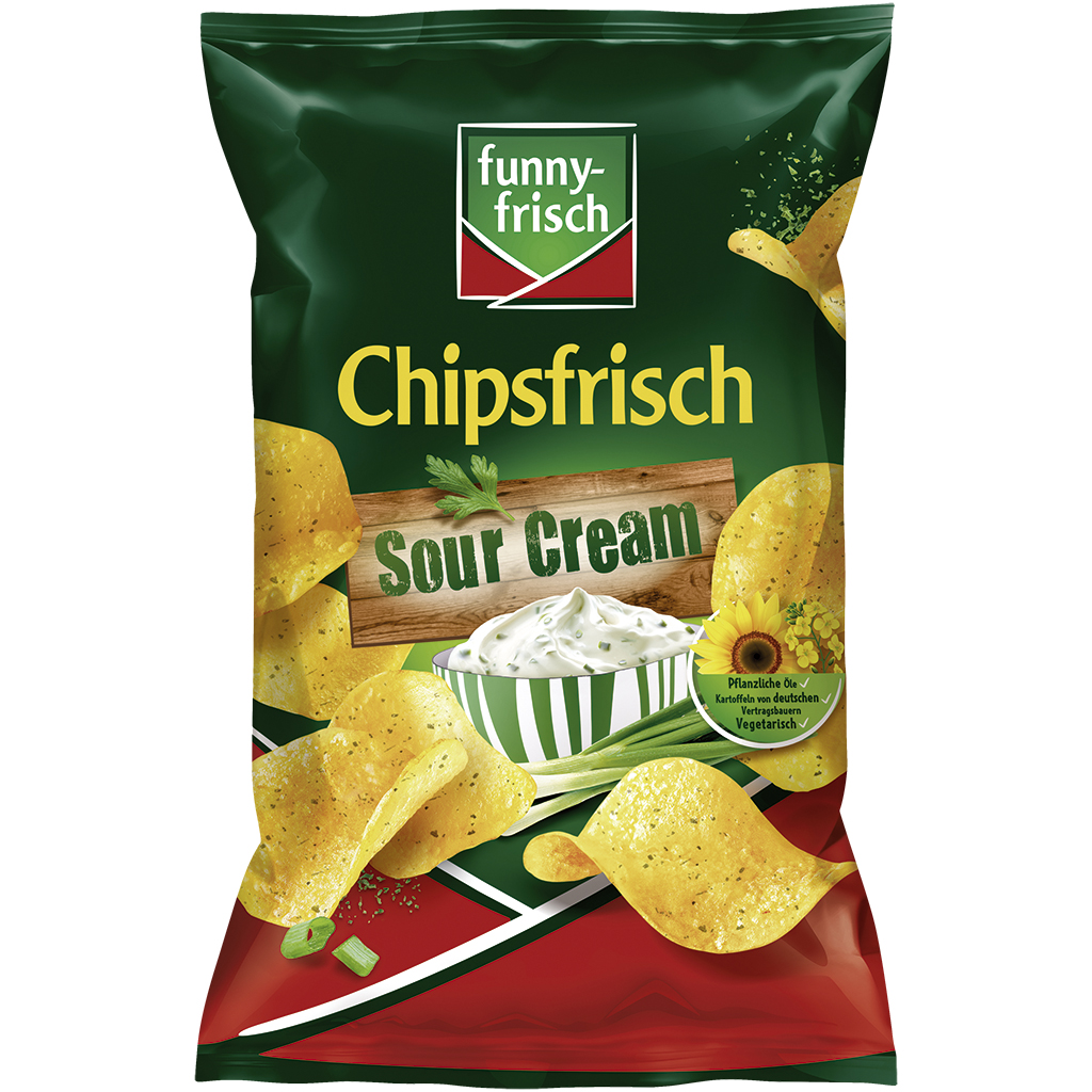Картофельные чипсы Chipsfrisch Sour Cream & Wild Onion, со вкусом зелени и сметаны.