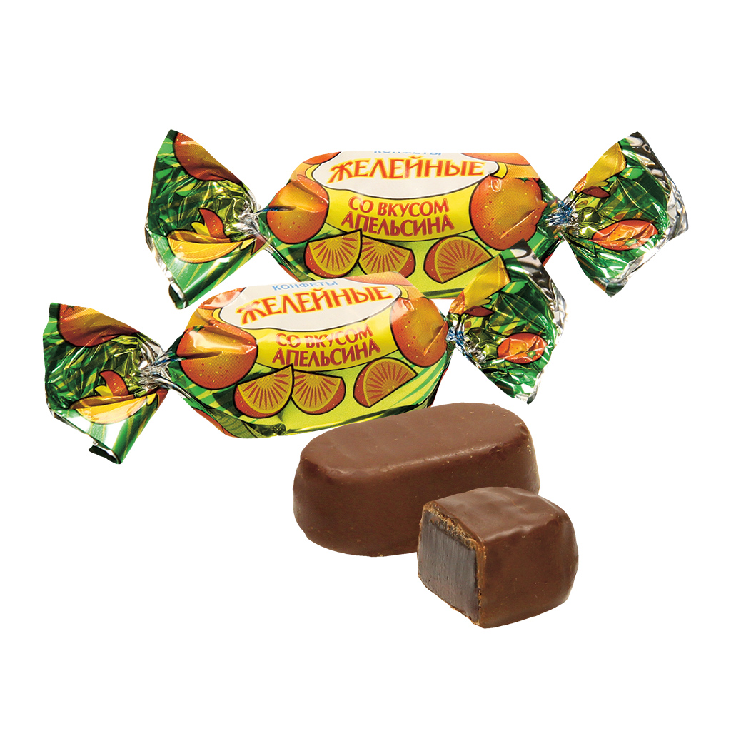 Gelei-confect met sinaasappelsmaak, omhuld met chocolade