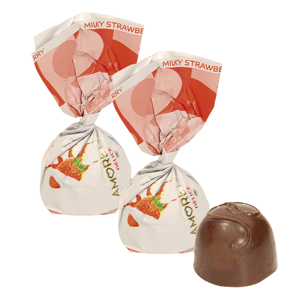 "Amoretta Delice Milky Strawberry" Kонфеты с двойной начинкой (молоко и клубника) в какаосодержащей глазури.