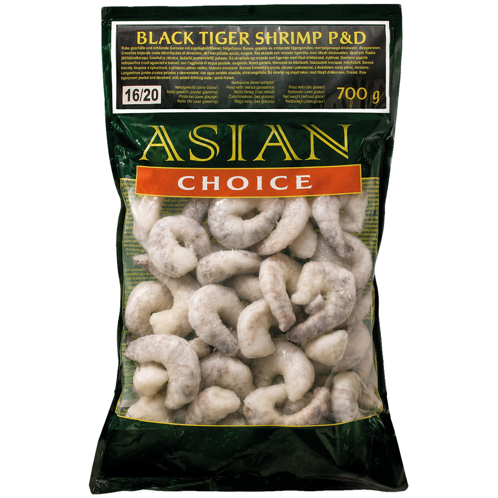 "Black Tiger Shrimp P&D" - Креветки, сырые, очищенные, без внутренностей, с добавлением воды, замороженные 16/20