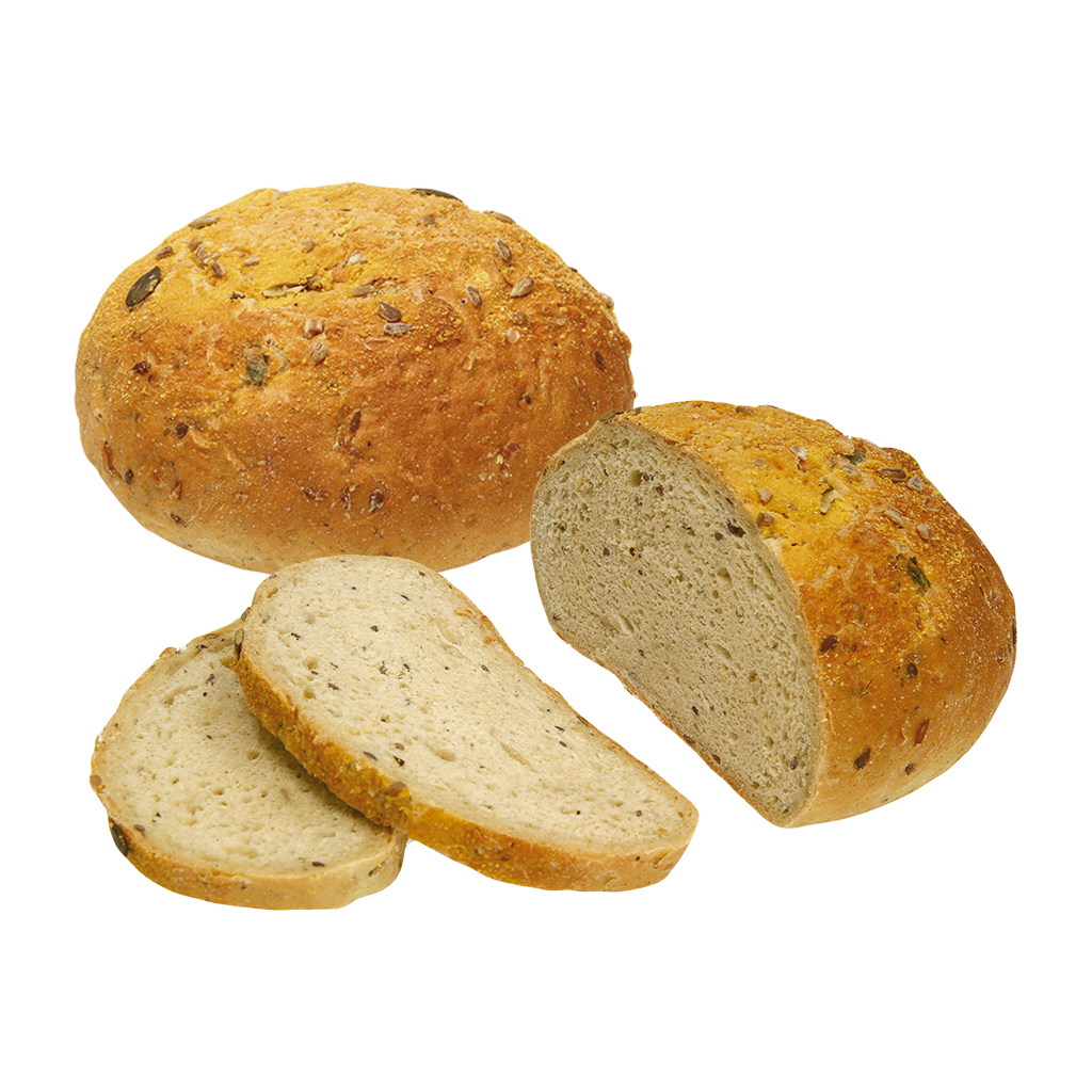 Pompoenpittenbrood met zonnebloempitten, voorgebakken, diepgevroren, om af te bakken.