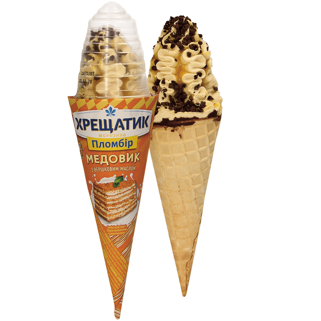 "KRESHATIK Medovik" IJs met honingkoekengesmaak in een hoorn