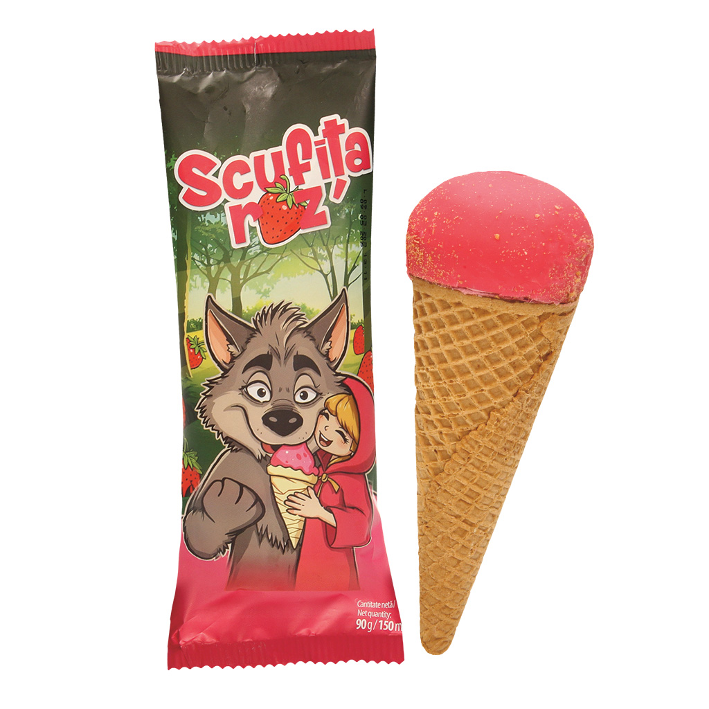 "Krasnaya Schapochka" ijs met aardbeismaak en gearomatiseerde vulling met aardbeien, bedekt met rode glazuur, in een wafelhoorn.
