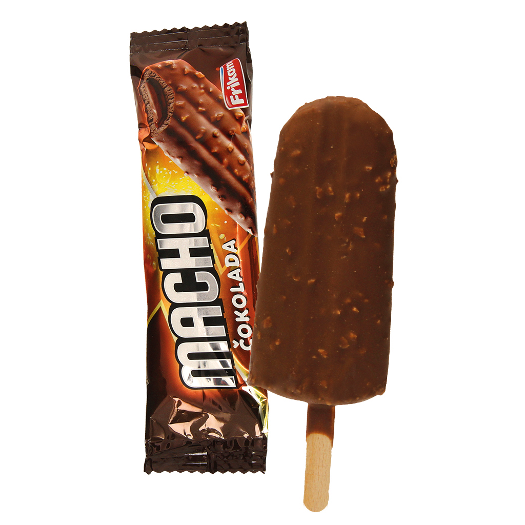IJs "MACHO SCHOKO" met chocoladesmaak en een vulling met chocolade-hazelnootsmaak omhuld met melkchocolade met wafelstukjes, diepgevroren