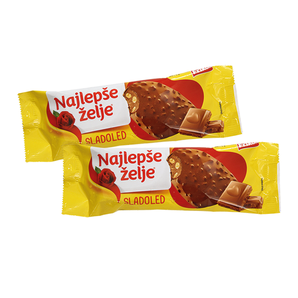 Мороженое "Najlepse zelje" со вкусом нуги с кусочками фундука в глазури из молочного шоколада, замороженное