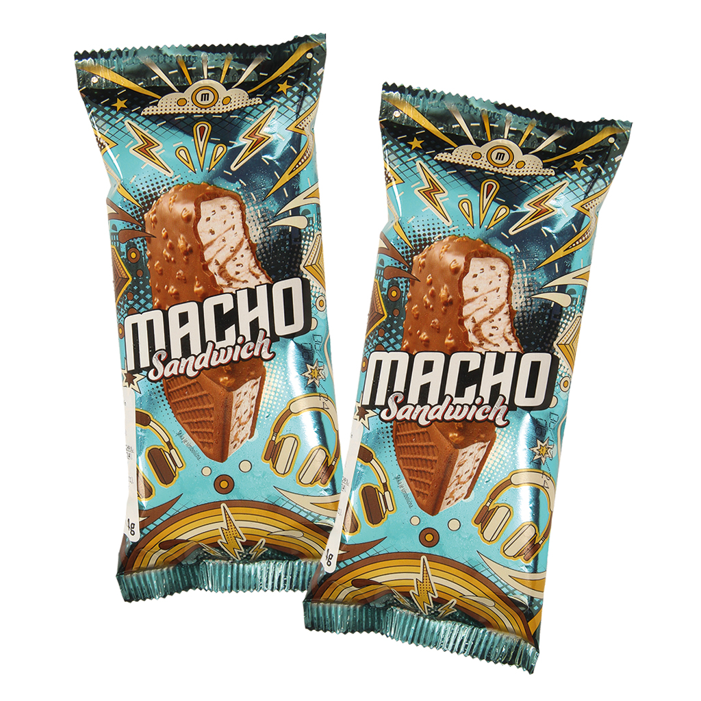 Ванильное мороженое "Мачо сэндвич" с какао и начинкой со вкусом шоколада и молотым печеньем в какао-глазури с кусочками карамелизированного миндаля и в какао-бисквитах, замороженное