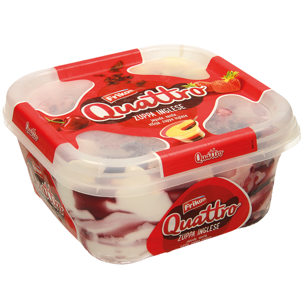 "Quattro Zuppa"-mix van ijs met Zuppa Inglese*-smaak, aardbeismaak, vanillesmaak en kersensmaak met aardbeien- en kersensaus