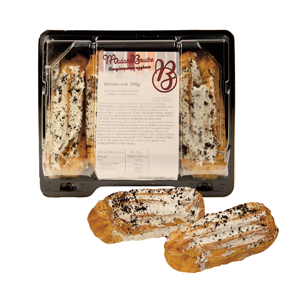 "Zwarte fluweel" Eclair met roomvulling (43 %) en Black-Velvet-kruimels