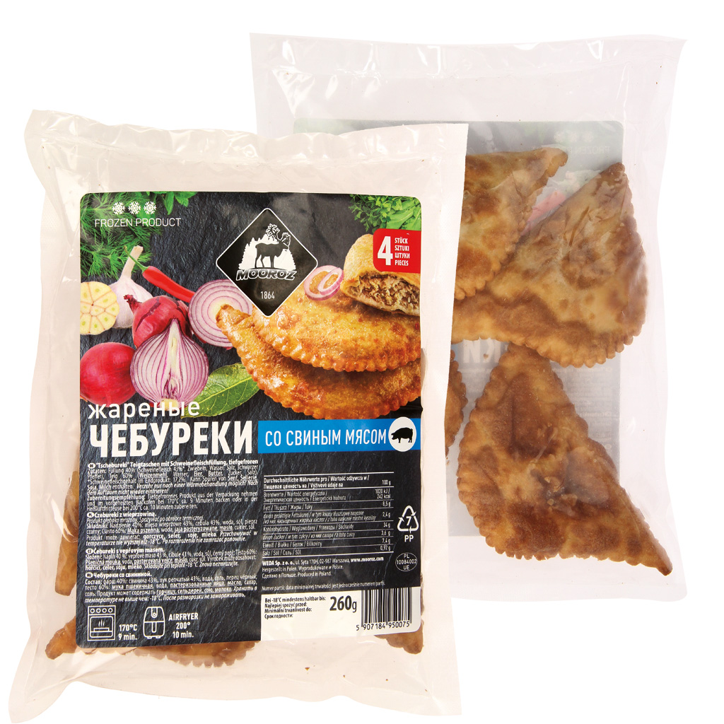 Tschebureki deegwaren met varkensvleesvulling, diepgevroren