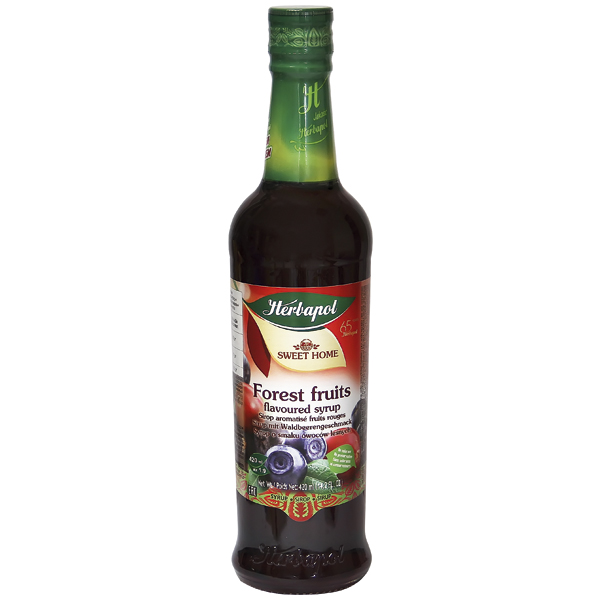 Siroop met rabarber-aardbei smaak. Gepasteuriseerd.