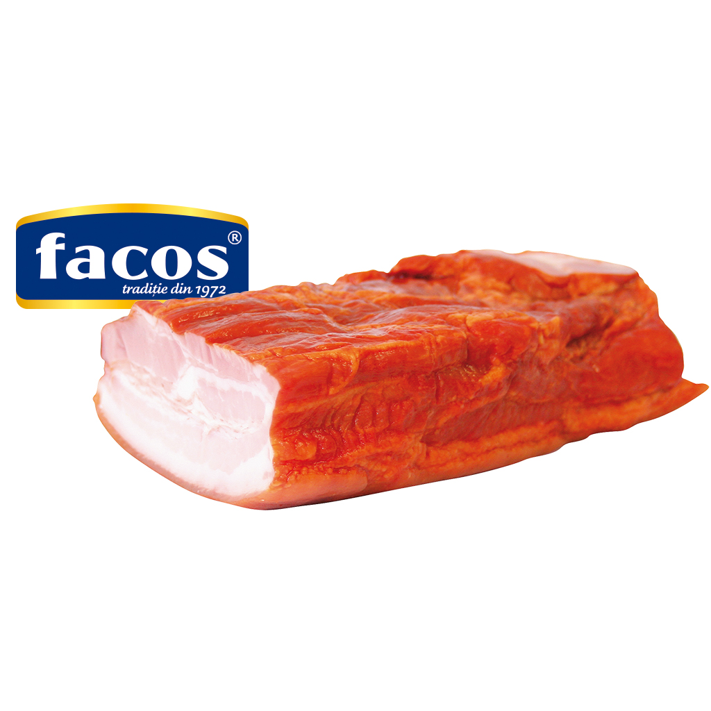 Varkensbuikspek, vloeibaar gekruid, gebraden en gerookt, met soja-eiwit en aardappelzetmeel.