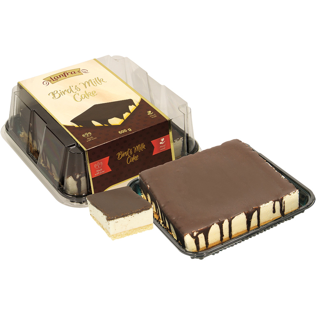 Torte "Ptitsche moloko" met 71,6% schuimzoetmassa met vanillesmaak en met 16,6% cacao-vetglazuur, diepgevroren