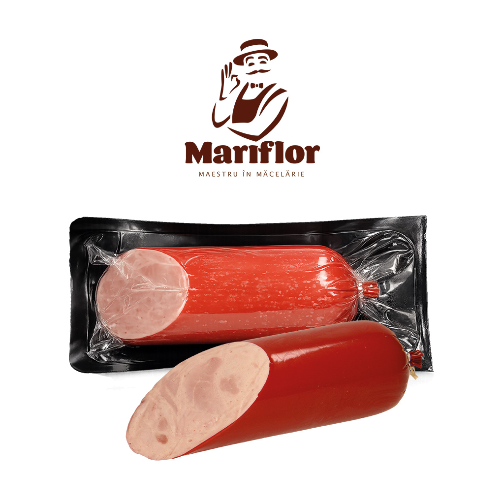 "Mariflor-Salam Victoria" Вареная колбаса, мелко измельченная, с крупными кусочками мяса, с добавлением воды, с гидролизованным растительным белком