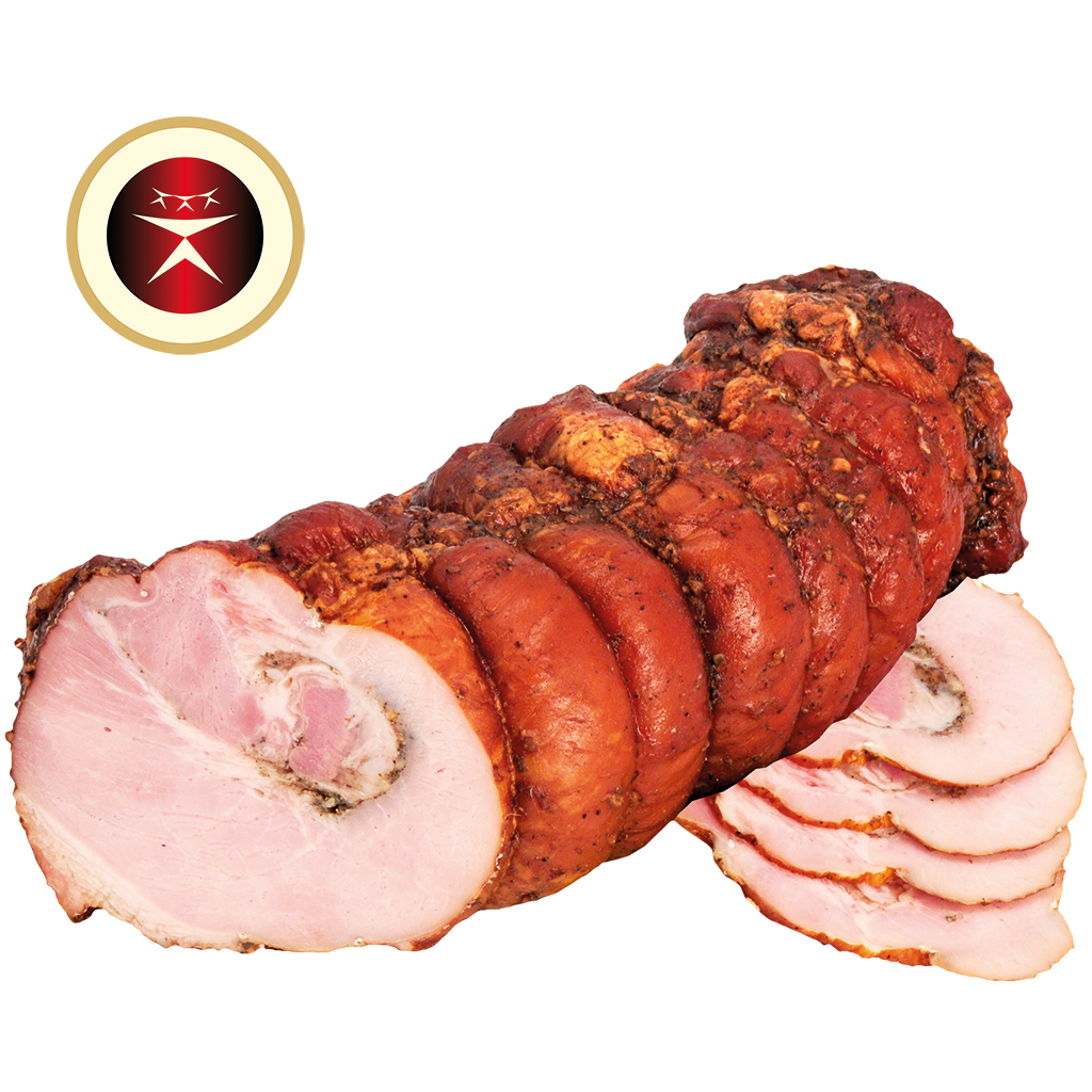 Varkensvleesrol met knoflook, gezouten, gekruid en gekookt