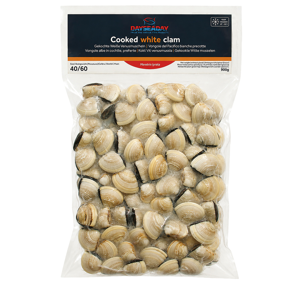 Venusschelp, gekookt, met schelp, geglazuurd, diepgevroren.