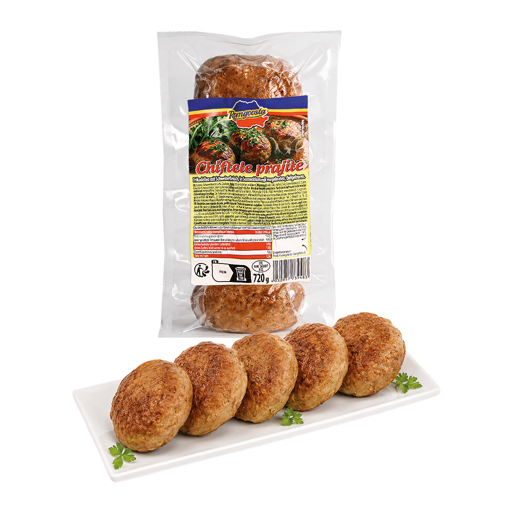 Frikadellen met varkensvlees, voorgebakken in zonnebloemolie, diepgevroren.
