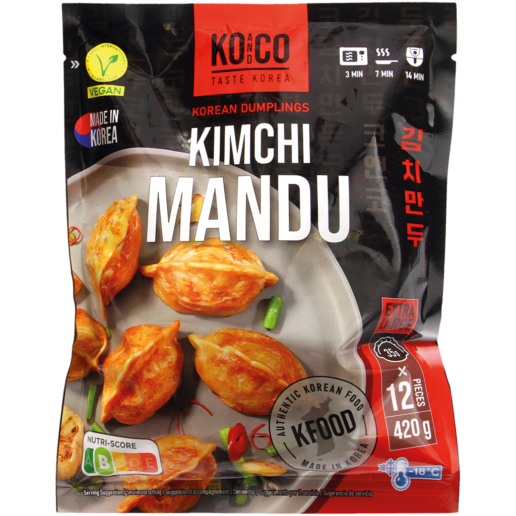 Koreaanse dumplings - Kimchi mandu Diepgevroren deegwaren gevuld met groenten en kimchi (melkzuur gefermenteerde groenten) (vegan)