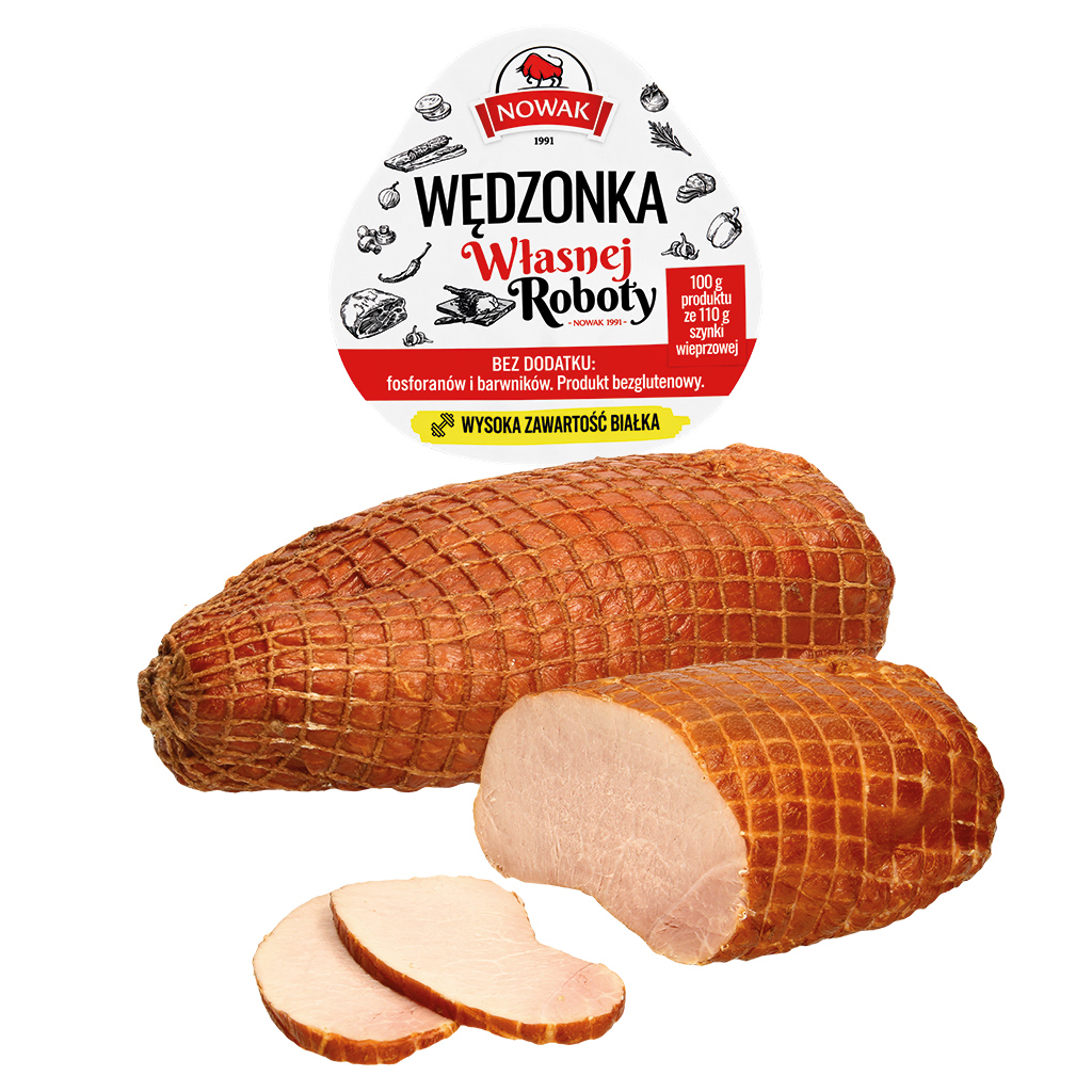 "Zelfgemaakte rookworst" Varkensham, gearomatiseerd, gezouten, gerookt.